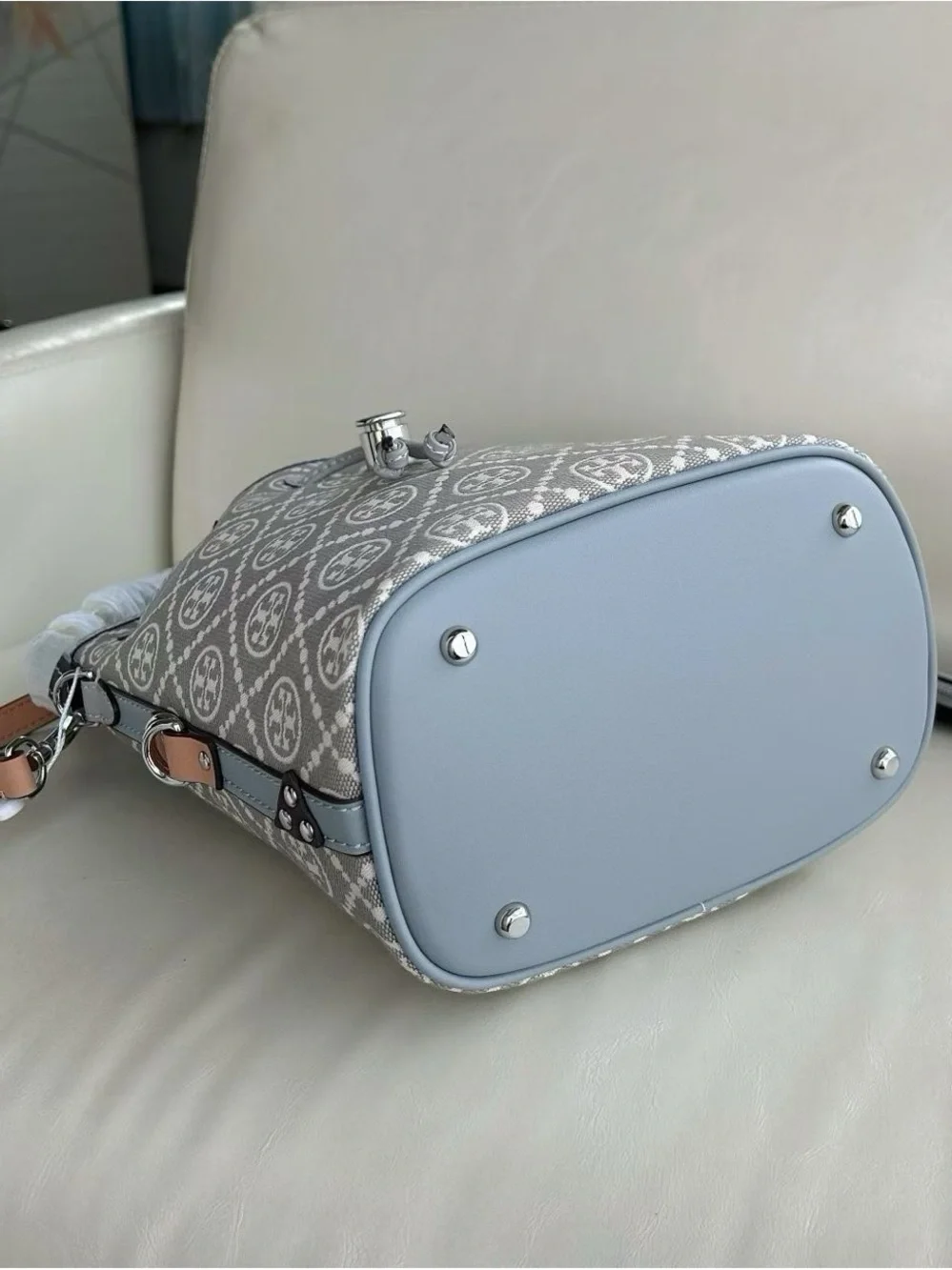 Tory Burch Light Gray Logo Drawstring Hobo Bag